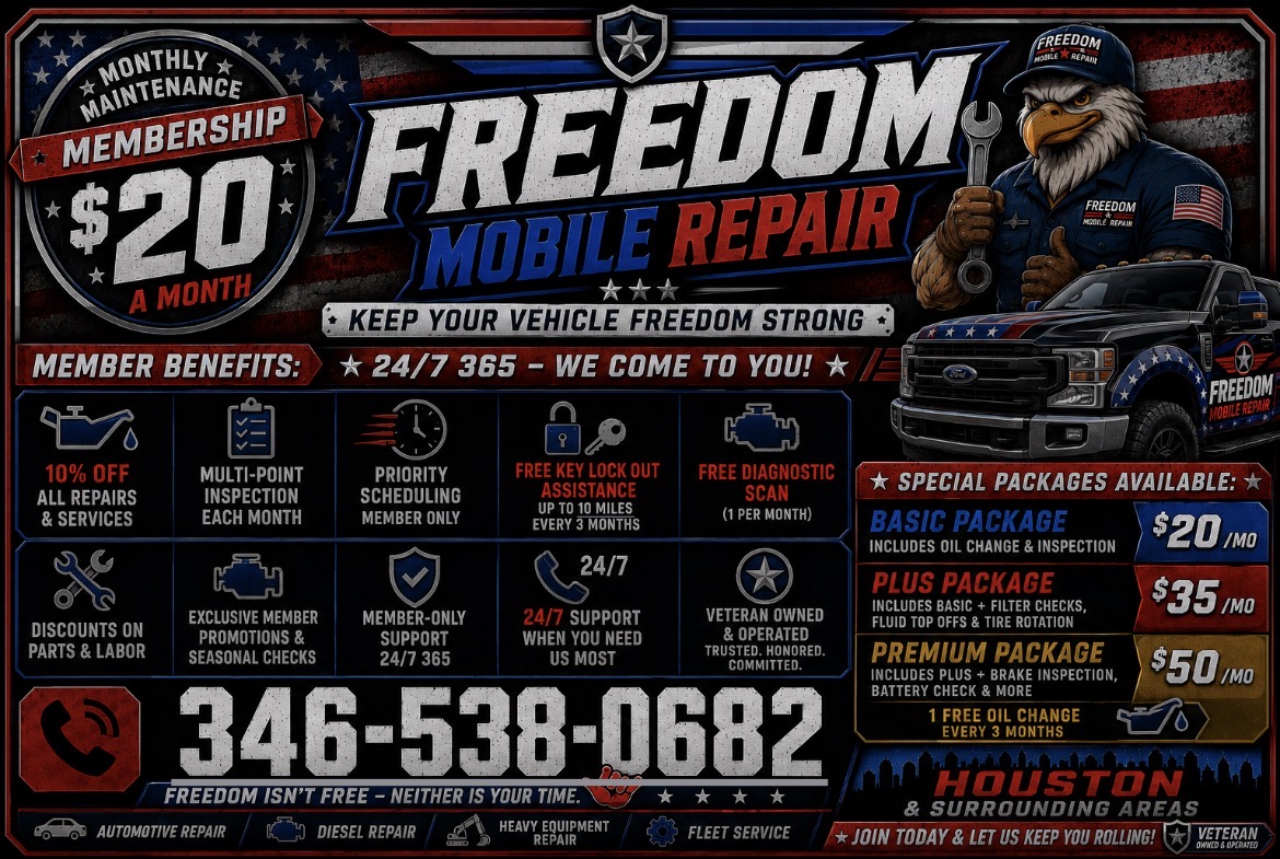 Freedom Mobile Repair monthly maintenance membership flyer — $20 a month, member benefits and special packages. Call 346-538-0682.