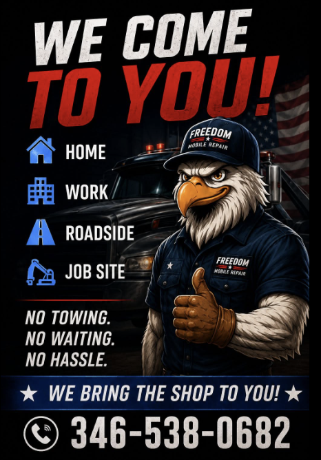 Freedom Mobile Repair flyer: We come to you — home, work, roadside, job site. Call 346-538-0682.
